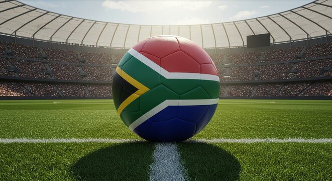 South Africa Flag on Soccer Ball on Field in the Stadium, Symbol of Football Competition and National Pride. International Football Match.
