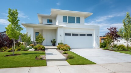 Fototapeta premium A brand-new home with modern architecture, featuring a clean, white exterior and a spacious lawn.