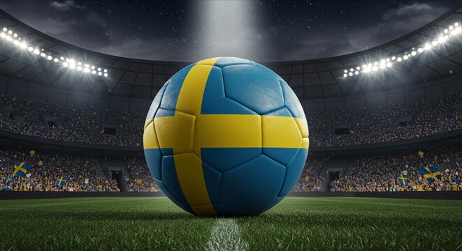 Sweden Flag on Soccer Ball on Field in the Stadium, Symbol of Football Competition and National Pride. International Football Match.