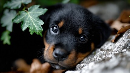 Adorable Rottweiler Puppy Lying on a Tree Branch with Green Leaves and Fallen Autumn Leaves Background in Close-Up