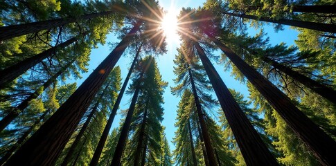 Majestic Redwood Trees Reaching for a Brilliant Blue Sky Sunlight Dapples the Forest Floor, Inspiring Awe and Wonder in this Breathtaking Nature Scene