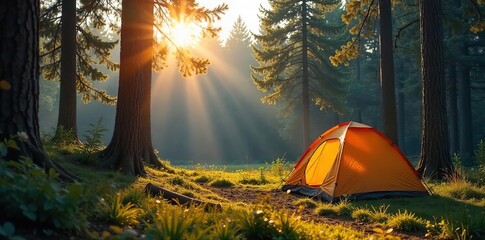 Serene Sunrise Campsite Dew-Kissed Pines and Morning Mist Embrace a Peaceful Adventure