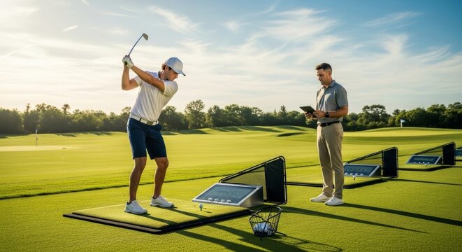 golfer hitting balls on practice mat with net, coach recording performance on tablet, indoor golf training learning - Powered by Adobe