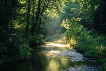 Clear stream running through forest in sunlight