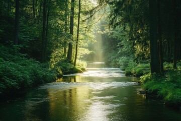 Flooded forest path under warm sunlight