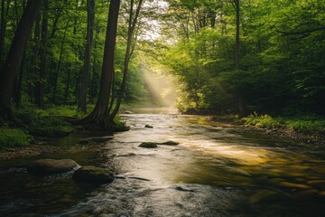Obraz premium Sunlit creek running through lush forest