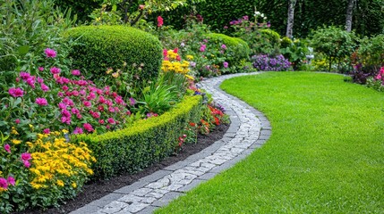 A professionally landscaped backyard garden with neatly trimmed hedges, colorful flowers, and a stone path.