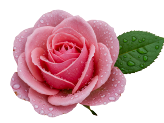 Close up of a delicate pink rose with water droplets on its petals and a single green leaf isolated on transparent background
