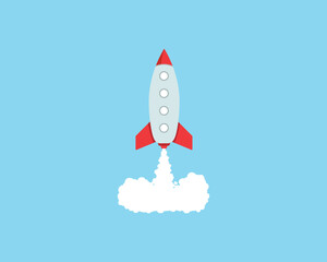 Rocket icon. Upward launch space rocket with white smoke from turbines isolated on white background