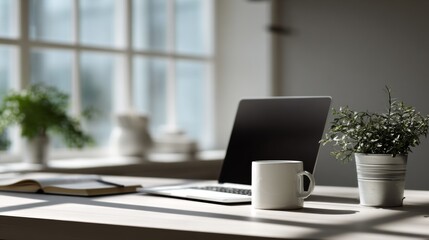 Fototapeta premium Laptop coffee mug and plants on a desk near a window Sunlight illuminates the workspace