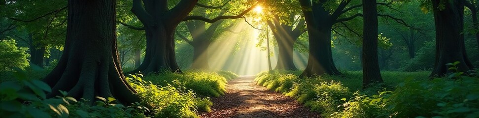 Magical Forest Path Dappled Sunlight Illuminates Ancient Trees, Creating an Enchanting Atmosphere Perfect for Fantasy and Fairytale Themes