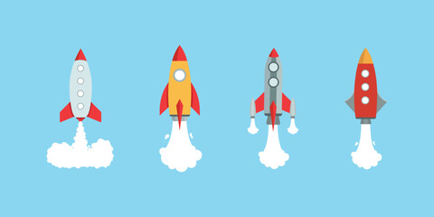 Rocket icon set. Upward launch space rocket with white smoke from turbines isolated on white background