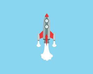 Rocket icon. Upward launch space rocket with white smoke from turbines isolated on white background