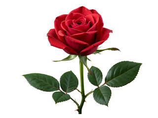 Fototapeta premium A single vibrant red rose with green leaves and thorns isolated on transparent background