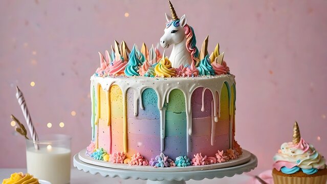 A vibrant unicorn cake with colorful drips and sprinkles, accompanied by cupcakes and a glass of milk nearby.
