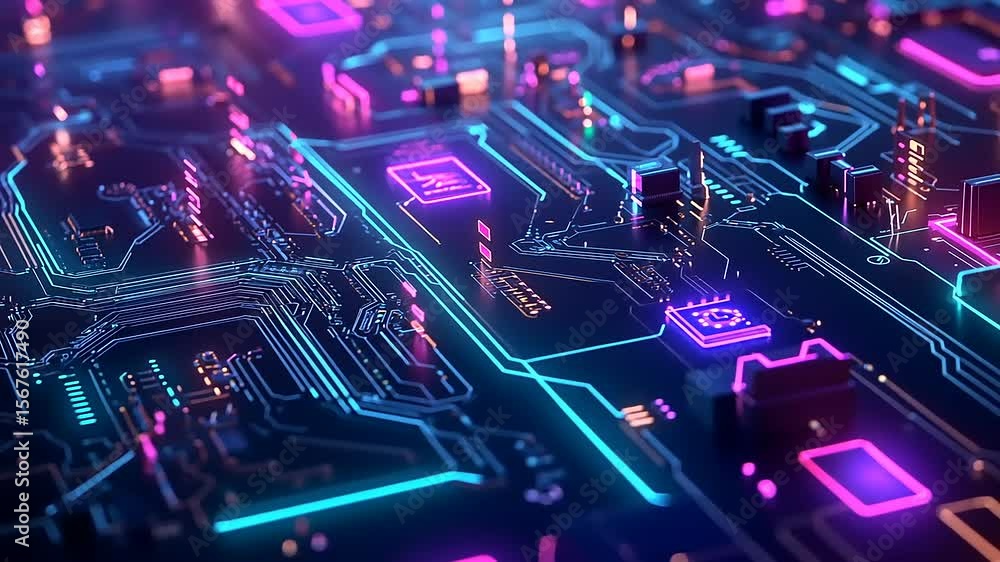 Poster colorful abstract circuit board design with glowing lines and nodes, representing technology and inn