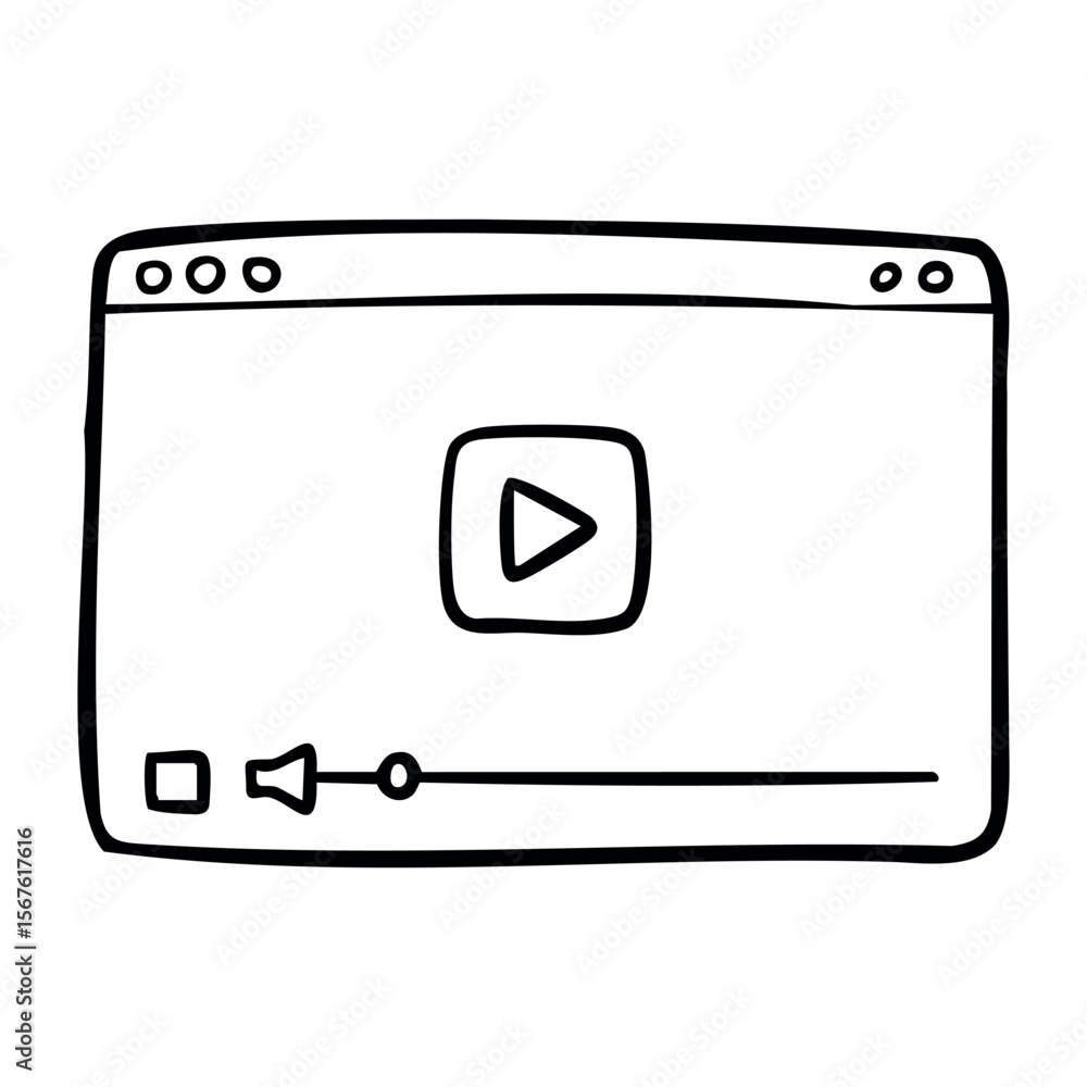 Poster simple video player interface with play button and controls. vector hand-drawn doodle illustration