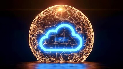 Futuristic glowing globe with cloud symbol representing digital connectivity and technology - Powered by Adobe