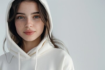 High Detail Visual of Portrait of a Beautiful Young Woman in a White Hoodie