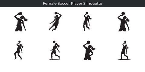 Collection of dynamic silhouette poses featuring a female soccer player ready to compete