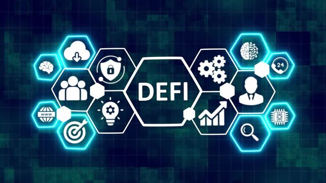 DeFi (Decentralized Finance) Concept on Abstract Dark Blue Polygonal Background Representing Blockchain and Digital Financial System