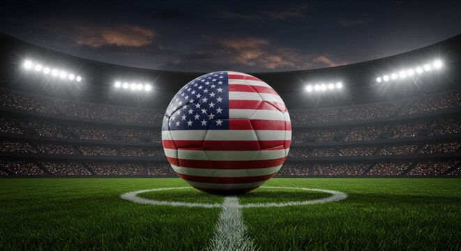 USA Flag on Soccer Ball on Field in the Stadium, Symbol of Football Competition and National Pride. International Football Match.