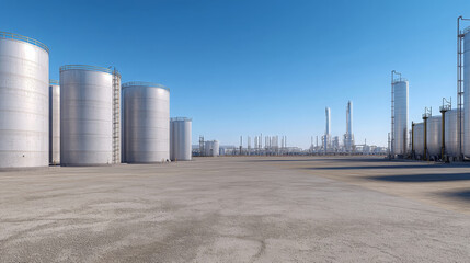 Obraz premium Panoramic view oil production facility with large storage tank clear blue sky, industrial scene
