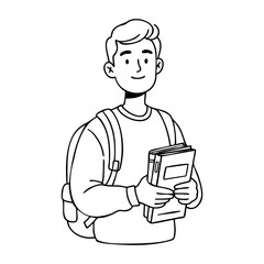 Young male student holding books with backpack cartoon illustration. Vector hand-drawn doodle illustration