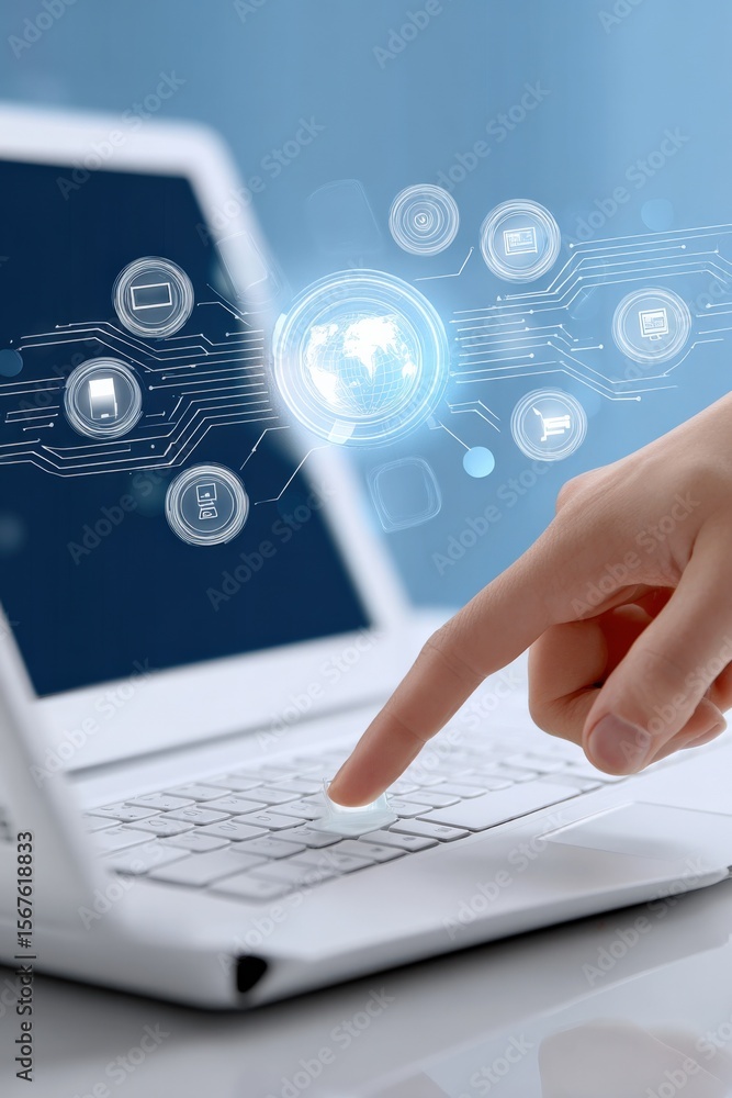 Poster Modern technology concept with digital icons and holographic globe reflecting connectivity innovation and futuristic network interface on laptop screen