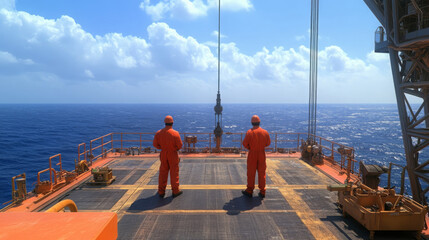 Two workers orange coveralls stand offshore oil platform deck blue sky, facing calm sea