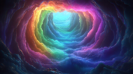 Vibrant Rainbow Tunnel with Ethereal Cloudscape and Dreamlike Luminescence