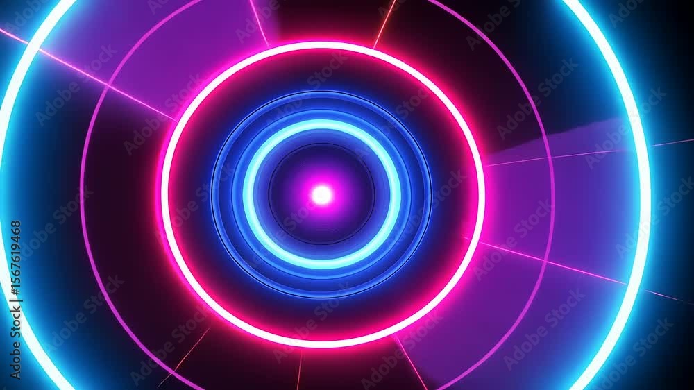 Poster vibrant neon circular patterns with glowing rings and laser beams creating a futuristic atmosphere