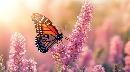 Monarch Butterfly on Pink Blossom in Dreamy Light-Filled Meadow
