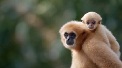 Fototapeta premium This adorable image showcases a mother gibbon with her baby gently resting on her back. The bond reflects love and care found in nature. A perfect representation of wildlife and family. AI