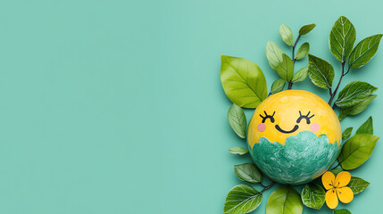 Cheerful Earth Globe Art with Green Foliage on Teal Background