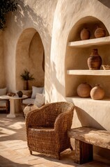 Sun-drenched patio nook with terracotta pottery and wicker chair