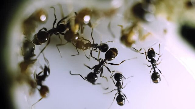 Colony of black reapers messor structor ants in a acrylic Formicariums tunnels close-up side view. Observation of the animals lifestyle. Ant farm. High Quality 4K footage.