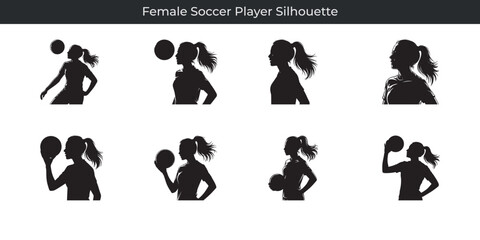 Black silhouette illustrations of multiple action poses of a female soccer player in motion