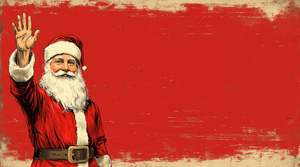 Cheerful Vintage Santa Claus Waving on Red Background for Christmas Designs