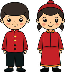 Cute cartoon boy and girl in traditional chinese clothing celebrating together
