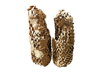 Two cylindrical kraft paper wraps standing vertically with honeycomb texture and paper hearts, ideal for minimal packaging and eco lifestyle themes. Isolated on white background, transparent PNG