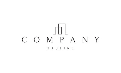 A vector logo featuring an abstract image a minimalist linear silhouette of two houses, drawn with clean, simple lines.