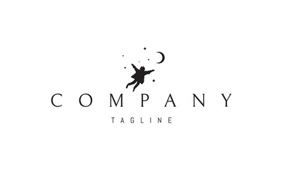 A vector logo featuring an abstract image a flying boy soaring across the sky , symbolizing dreams and imagination.