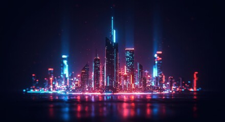 Ai generated image of a futuristic city at night glows with neon lights