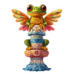Whimsical Winged Frog Perched on a Colorful Totem. This playful illustration features a vibrant, anthropomorphic frog with ornate wings sitting atop a decorative, multi colored totem pole.