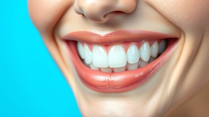 Fototapeta premium Bright white teeth with a radiant smile against a clean blue gradient background.