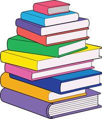 A tall stack of colorful cartoon books ready for reading and learning