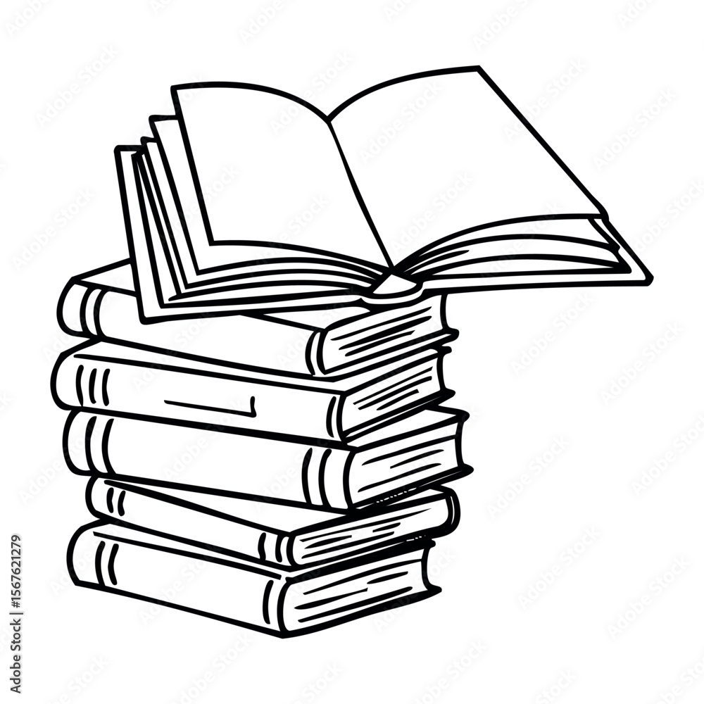 Poster stack of open hardcover books with one open on top in black and white line art. vector hand-drawn do