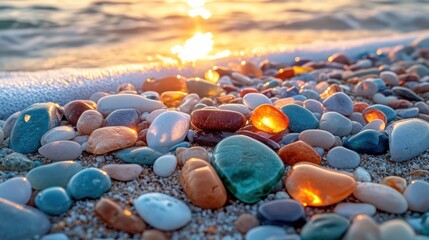 Colorful pebbles on beach at sunrise