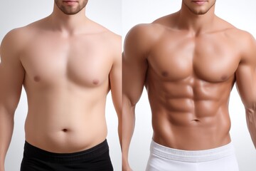 Fototapeta premium Before and After Transformation of a Male Body Showing Significant Weight Loss and Muscle Gain in a Side-by-Side Comparison